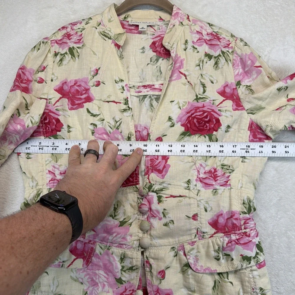 Banana Republic Blazer Womens 12 Linen Blend Floral Rose Print Cottagecore